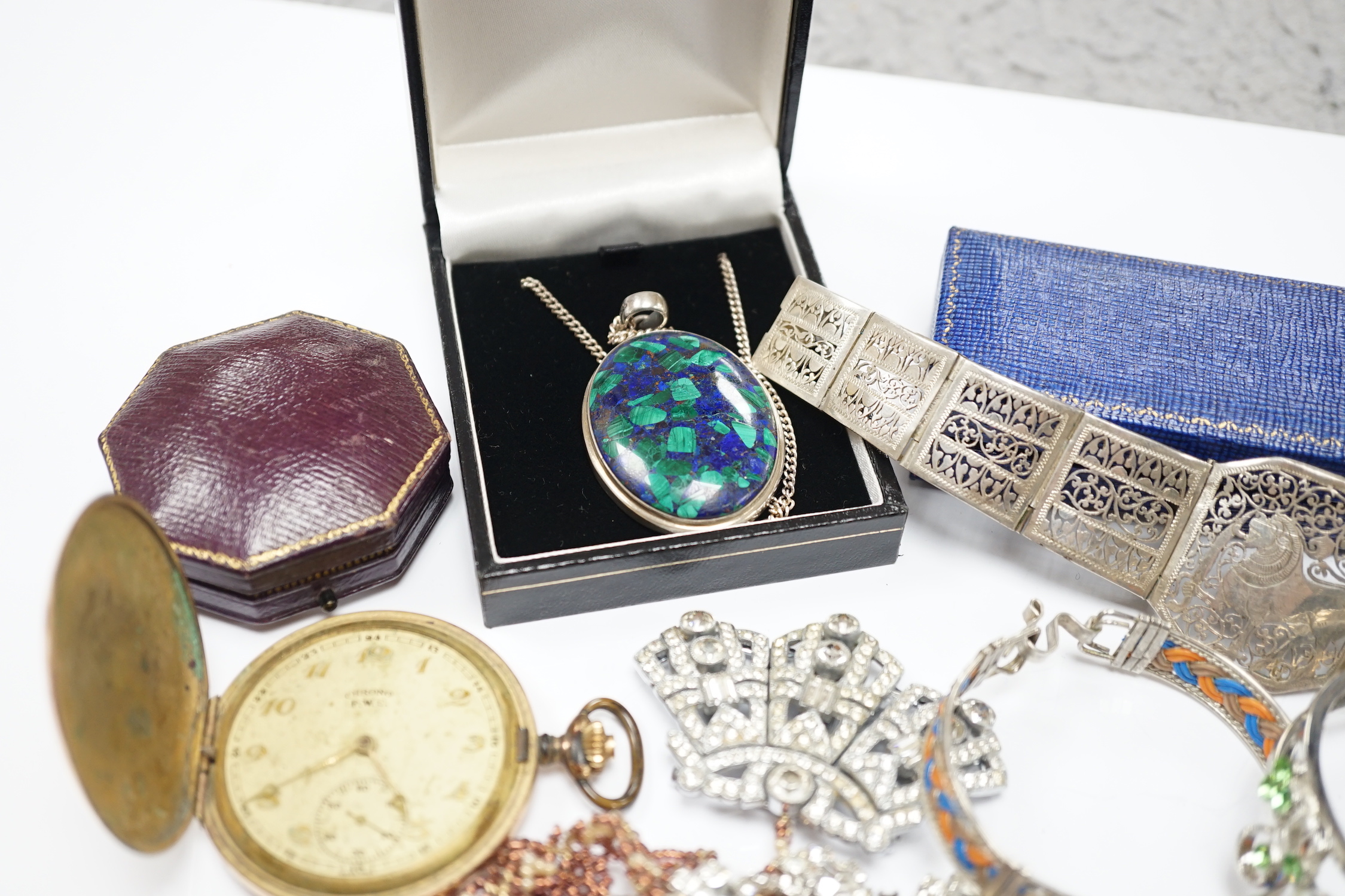 A small quantity of assorted costume jewellery, gold plated pocket watch, silver vesta case, etc.